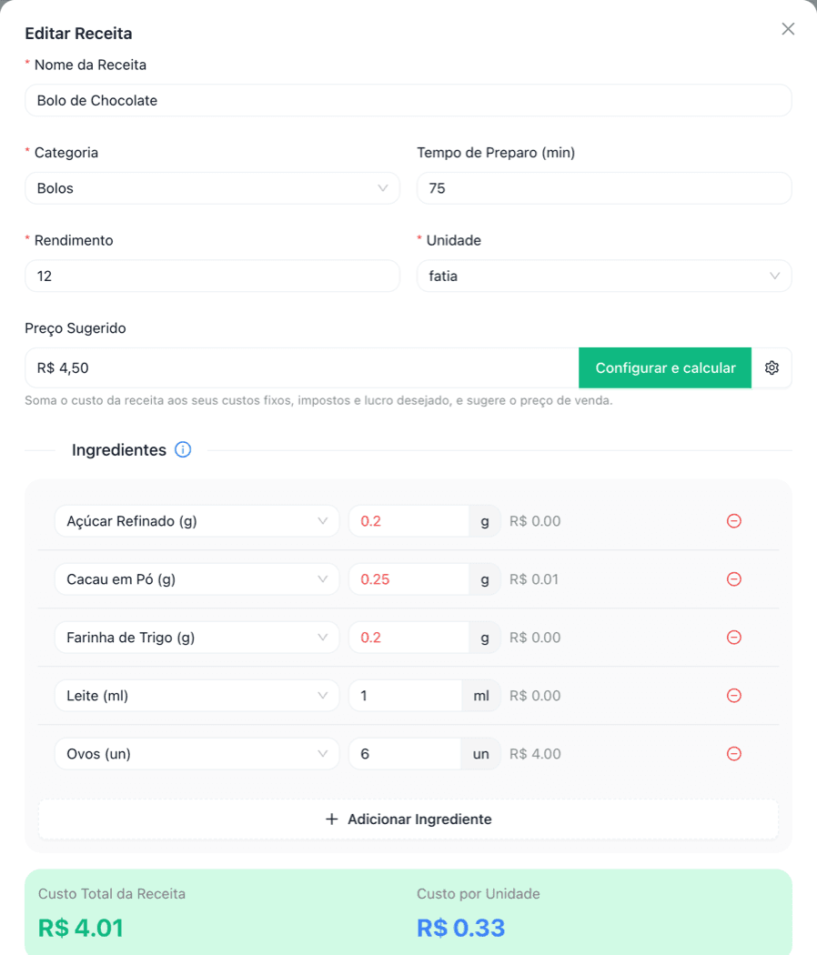 Ficha técnica de um bolo no OperFlux com ingredientes, custo total e custo por fatia